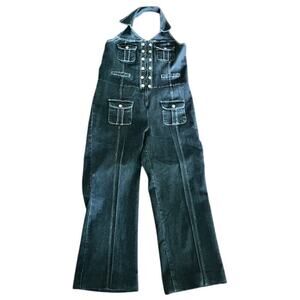 Ashley Stewart Black Denim Halter Jumpsuit Size 16 Stretch, Pockets, Retro Vibe